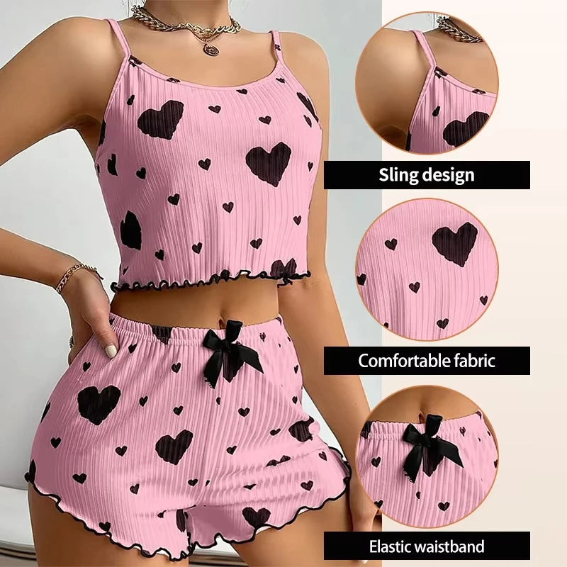 Women's Pajama Set Breathable Soft Casual Love Printed Design Sweet Home Strap Shorts Pajamas