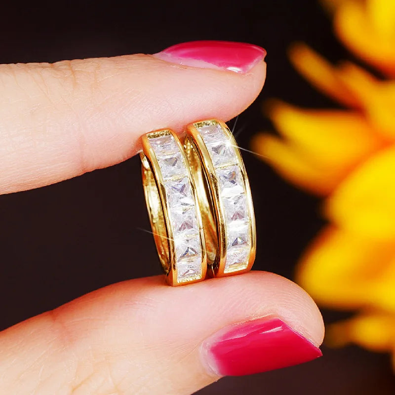 Gold Color Plated Stainless Steel Round Circle Earrings for Women Fashion Cubic Zirconia Hoop Earrings Jewelry Pendientes Mujer