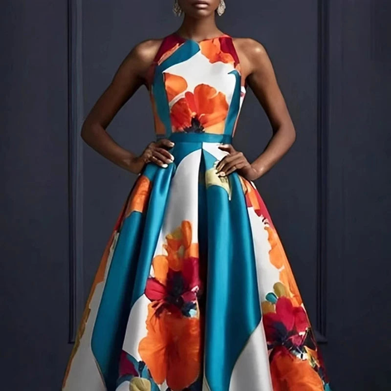 Vestidos Sexy Sleeveless Hem Gowns Evening Dress Woman Flower Print High Waist Long Dress Spring Summer O Neck Boho Maxi Dresses