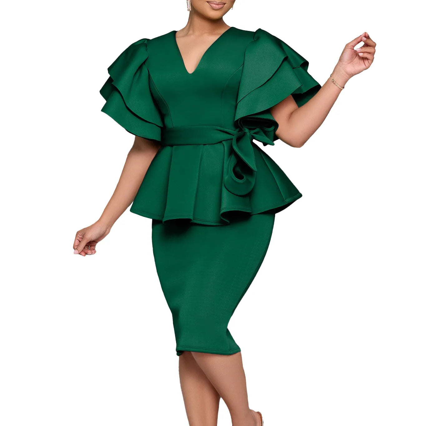 Women Short Sleeve V-neck Belt High Waist Midi Dress For Work Evening Dresses