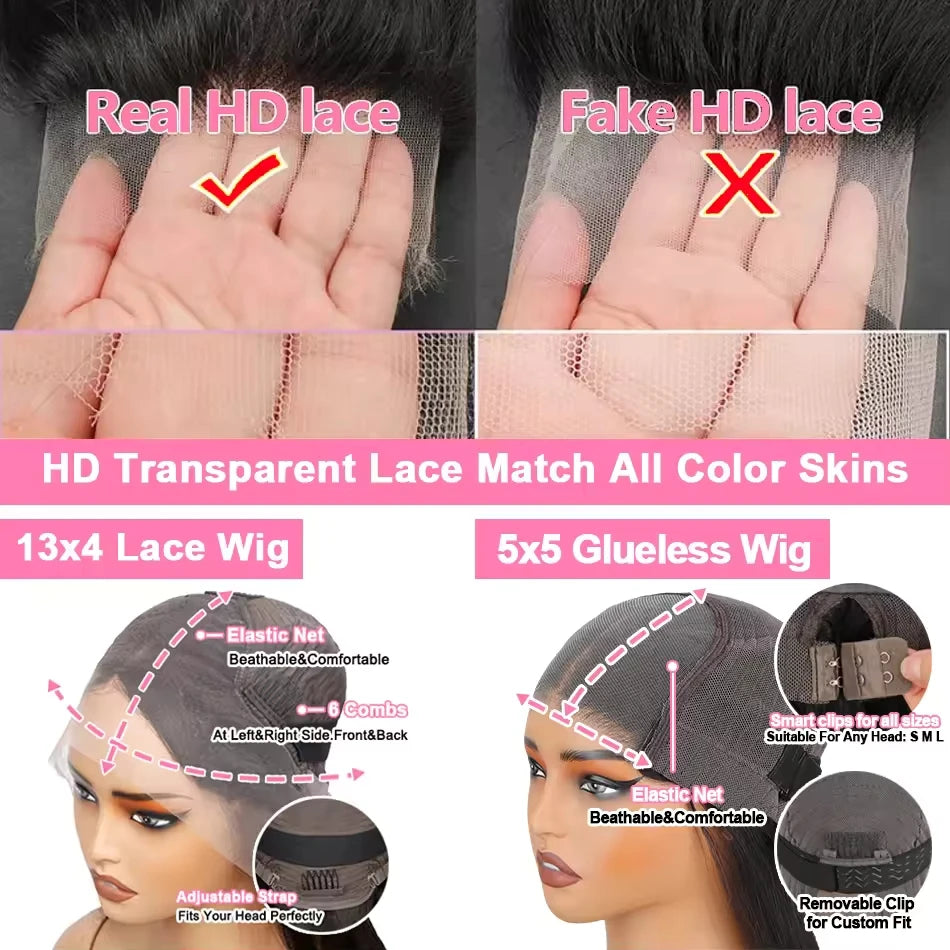 Straight 13x4 HD Lace Frontal Human Hair Wig Brazilian Glueless Human Hair Wig For Women 5x5 Lace Front Wig Pre Plucked 200% Density