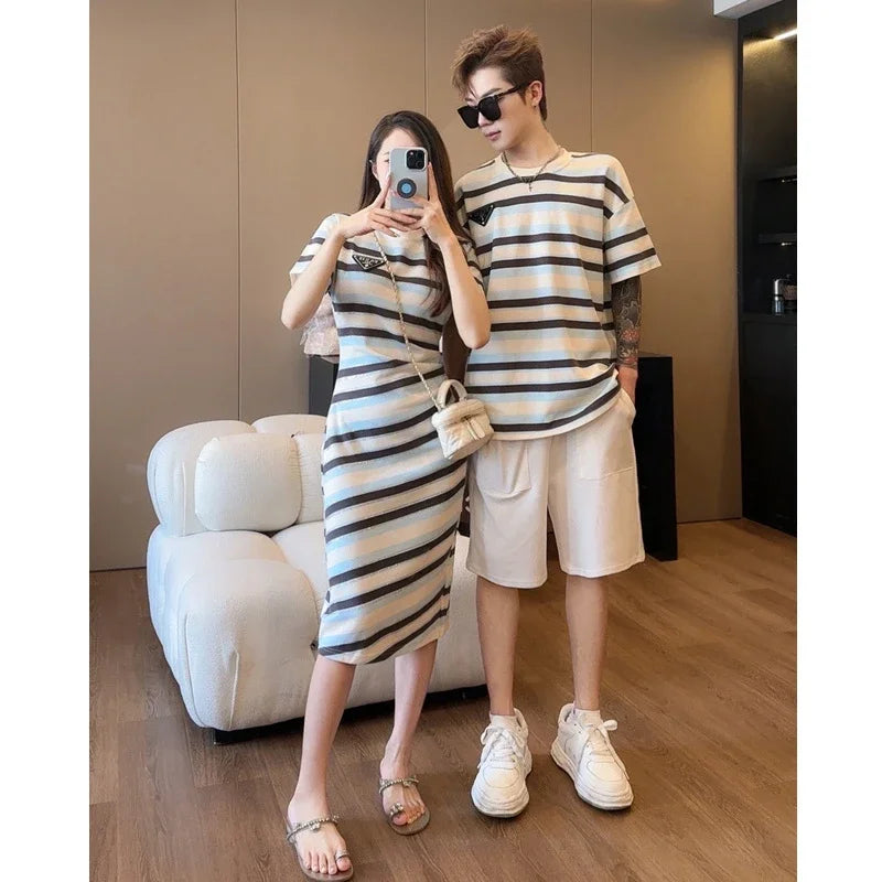 Dad MomClothes Mother Daughter Equal Dresses Father and Son Clothing Korean Children Outfits Top and Baby Matching Striped