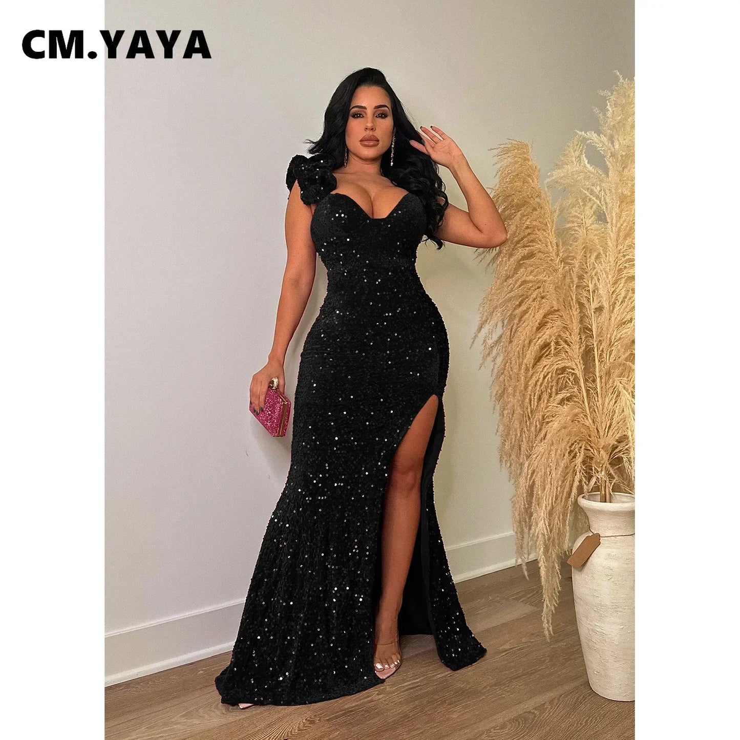 Women One Shoulder Open Back Sequined High Side Split Mermaid Maxi Dress for Evening Party Dresses