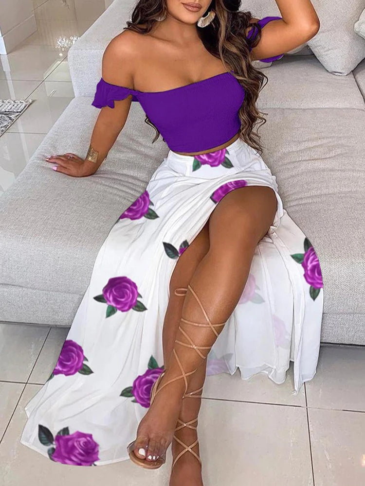 Summer Fashion Sets For Women 2 Pieces Solid Pleated Tops & Floral Print High Waist Midi Skirt Chic Lady Long Skirts Set