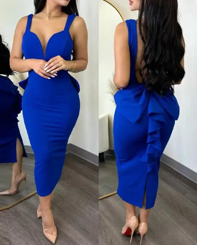 Women Elegant Dresses For Party Plunge Ruffle Hem Backless Party Dress Summer Spring Fashion Casual