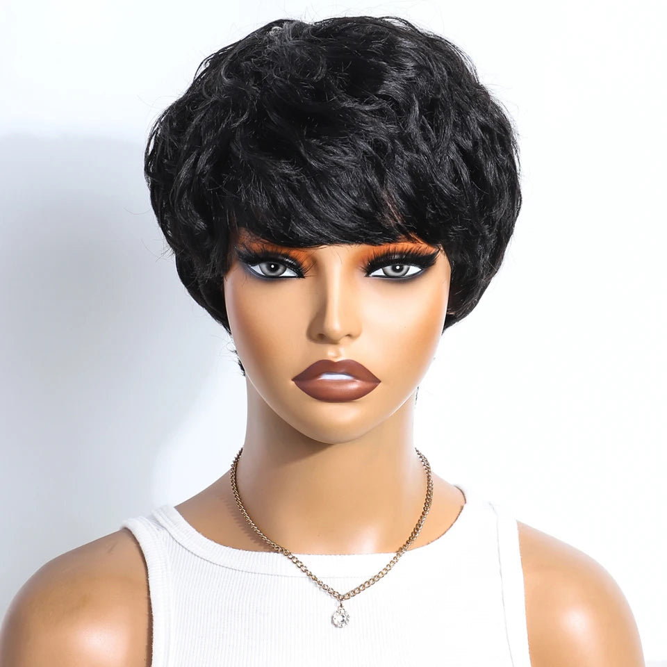 Natural Black Short Pixie Cut Curly 100% Human Hair Wig For Women Brazilian Remy Hair Colored Side Part Full Machine Wigs