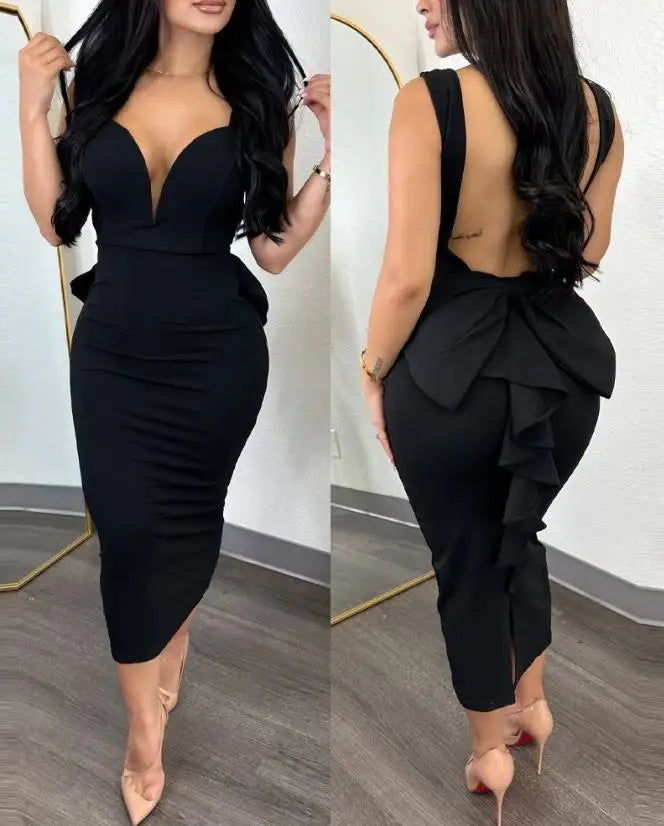 Women Elegant Dresses For Party Plunge Ruffle Hem Backless Party Dress Summer Spring Fashion Casual