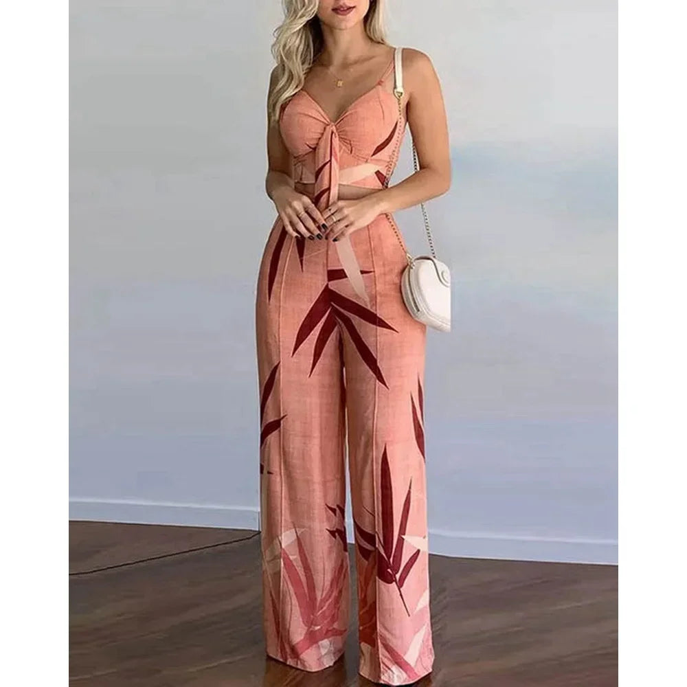 Women Tropical Print Spaghetti Strap Casual Lace up Back Top &High Waist Pants Set 2 Pieces Sets