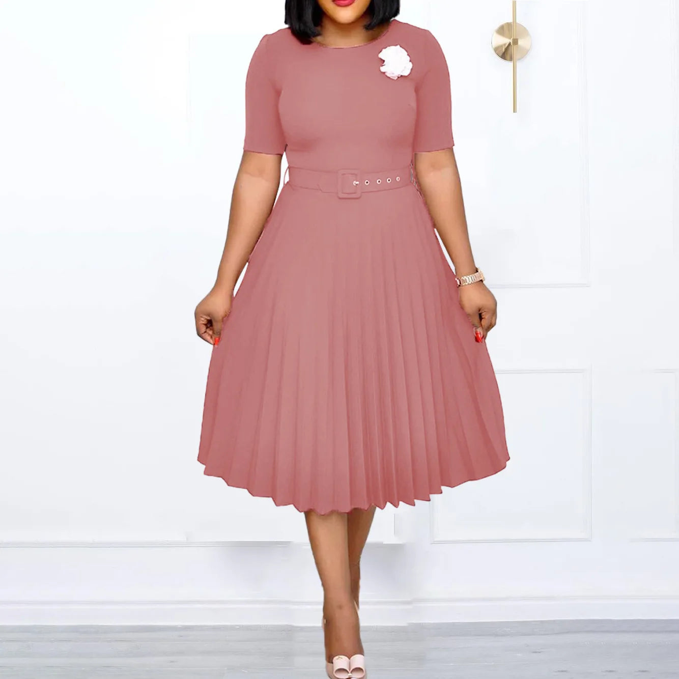 women's Elegant fashion short sleeve pleated high waist Dress for women