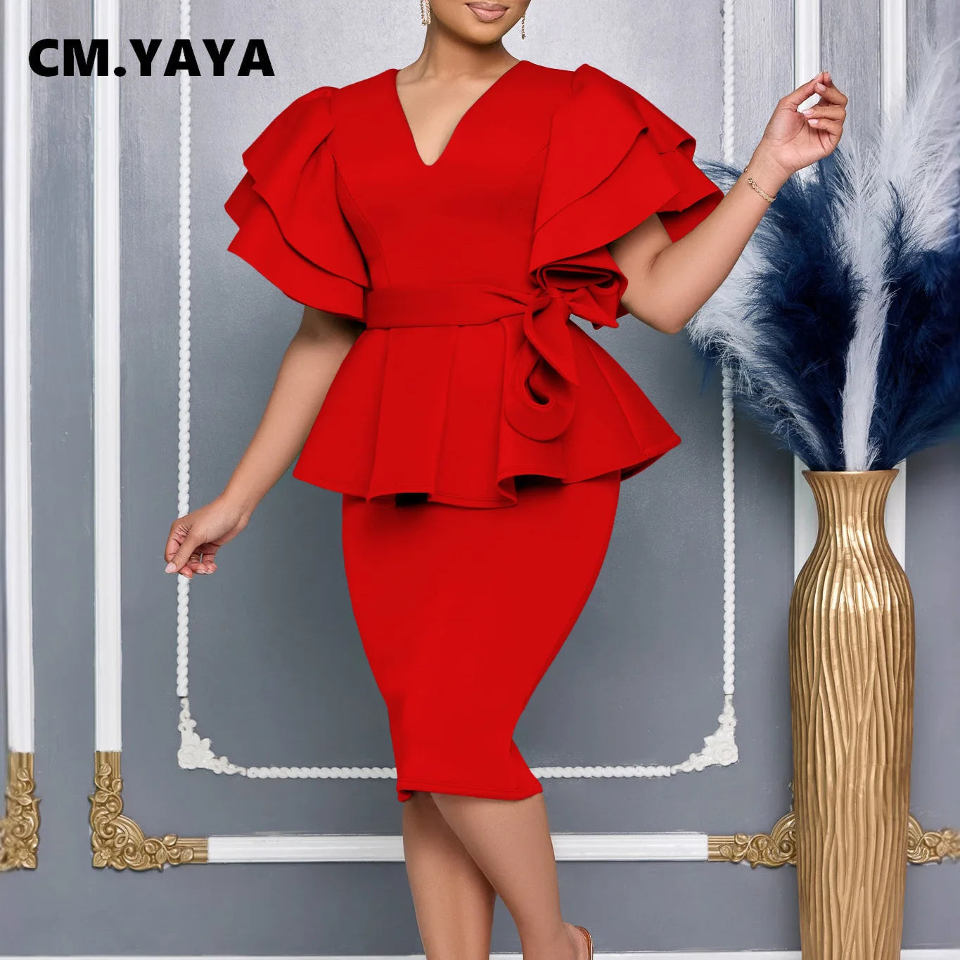 Women Short Sleeve V-neck Belt High Waist Midi Dress For Work Evening Dresses