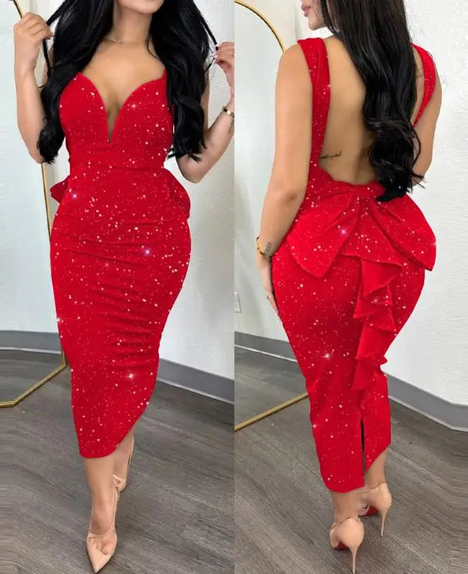 Women Elegant Dresses For Party Plunge Ruffle Hem Backless Party Dress Summer Spring Fashion Casual