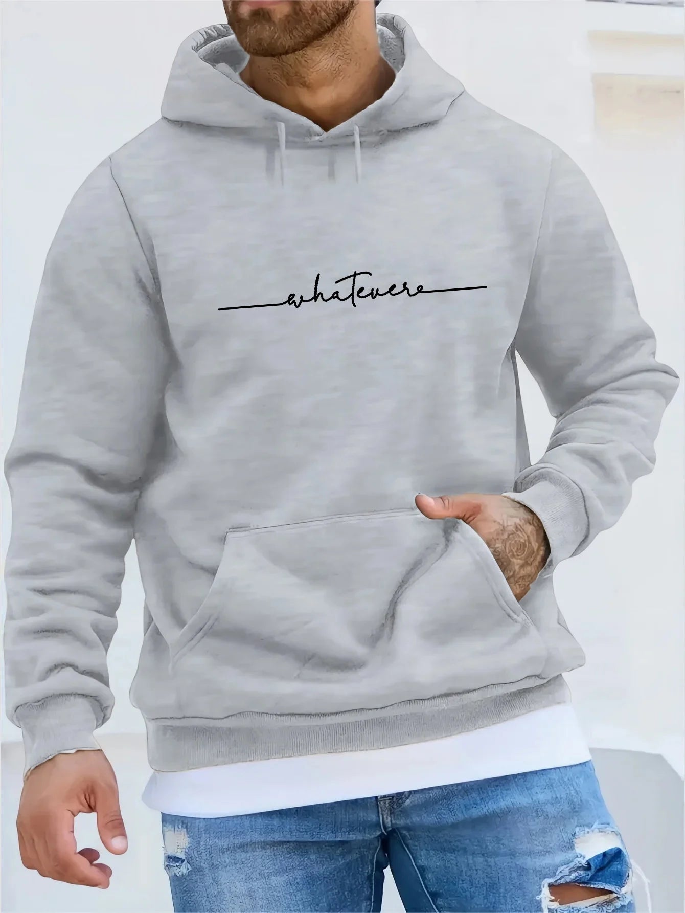 Men's winter casual fashion loose plus size simple letter printed fleece pullover long sleeved hooded sweatshirt