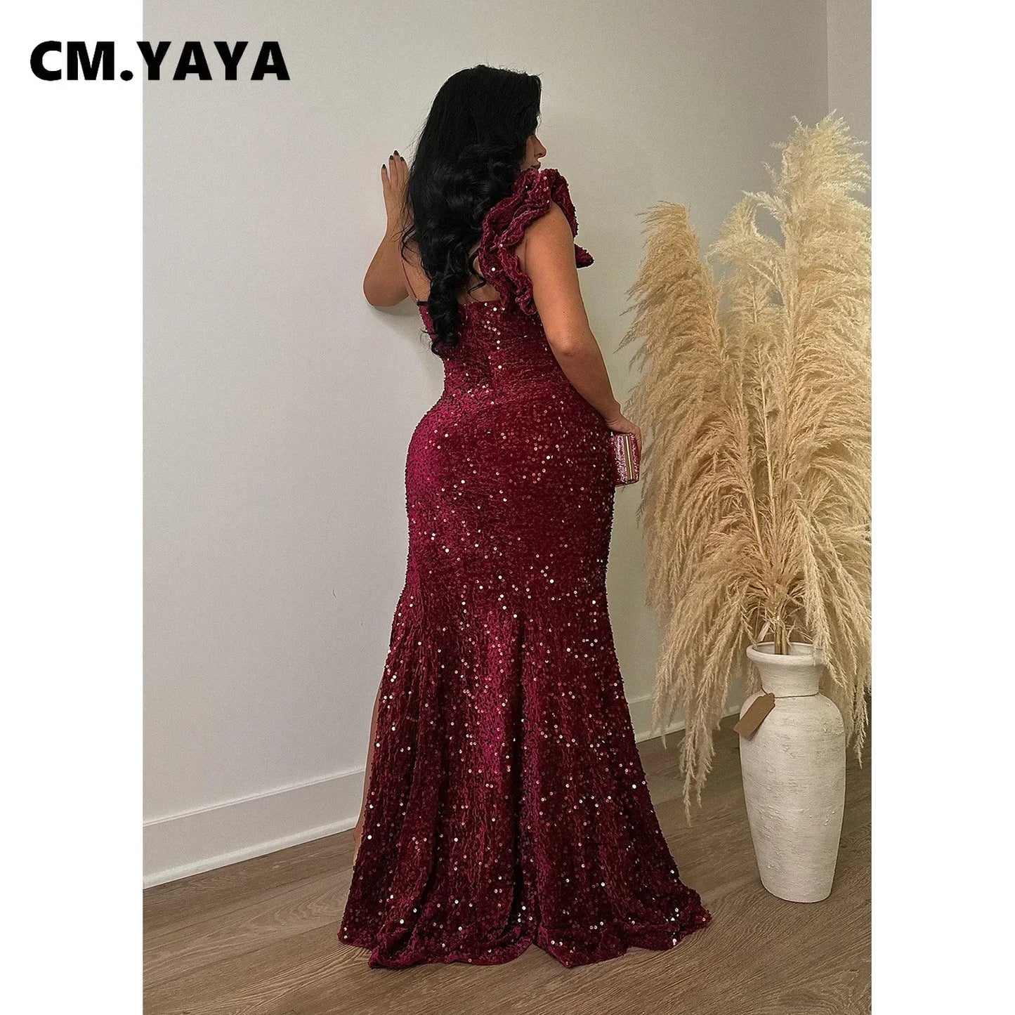 Women One Shoulder Open Back Sequined High Side Split Mermaid Maxi Dress for Evening Party Dresses