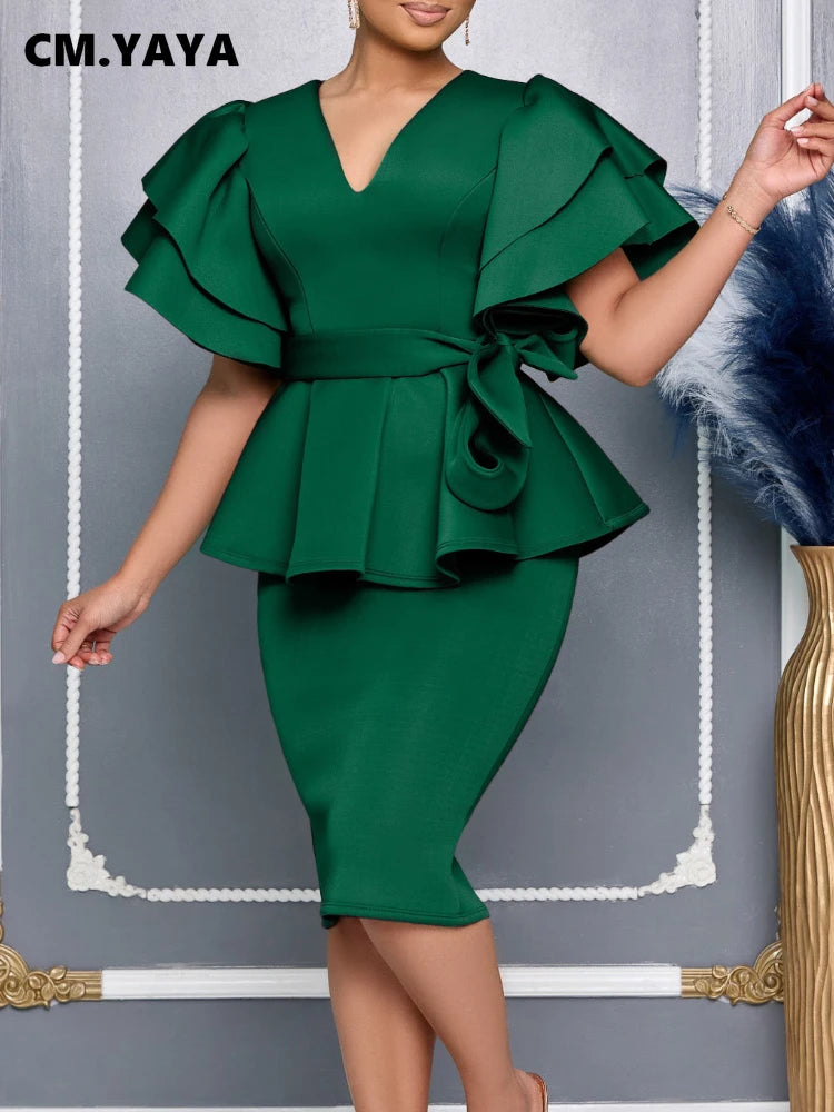 Women Short Sleeve V-neck Belt High Waist Midi Dress For Work Evening Dresses