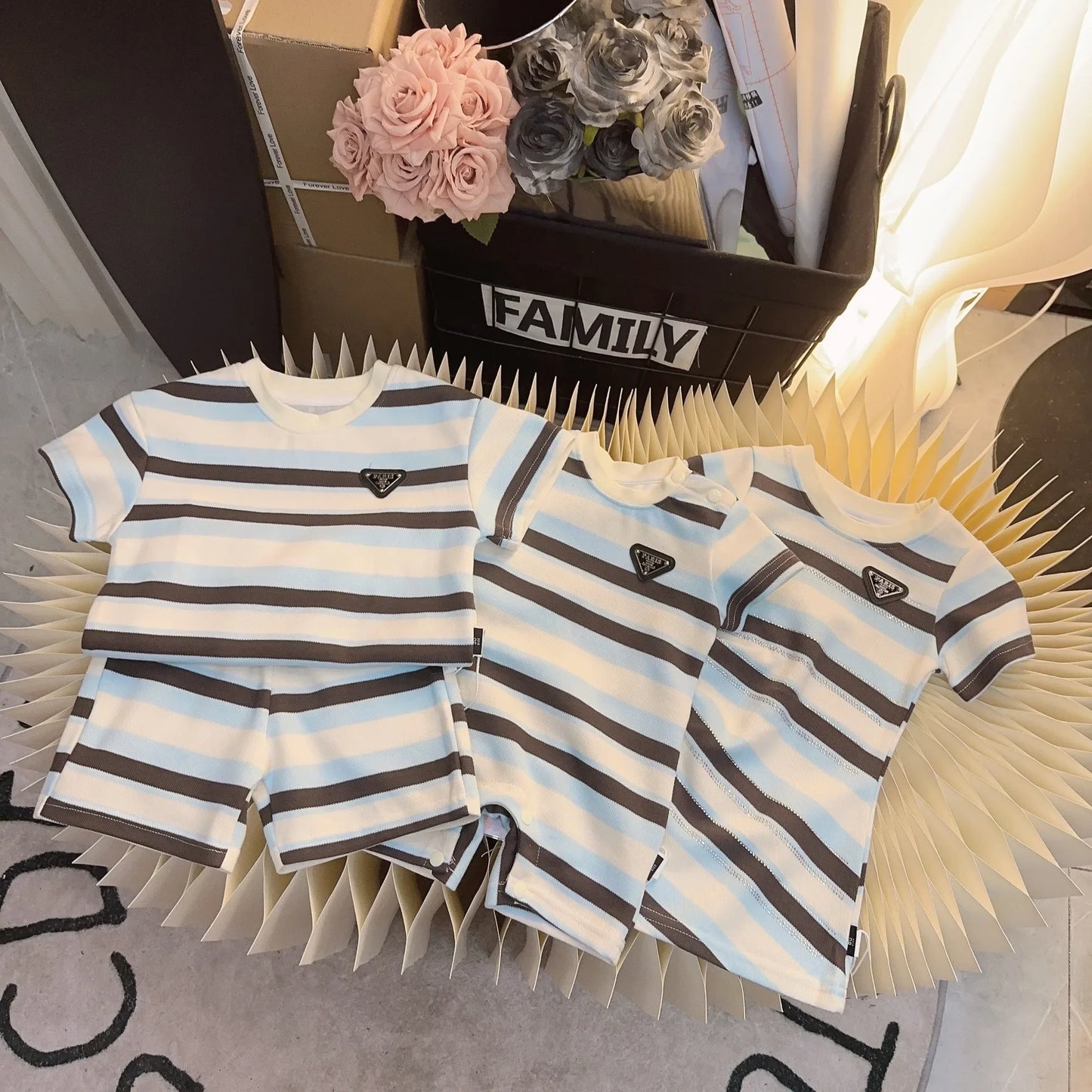 Dad MomClothes Mother Daughter Equal Dresses Father and Son Clothing Korean Children Outfits Top and Baby Matching Striped
