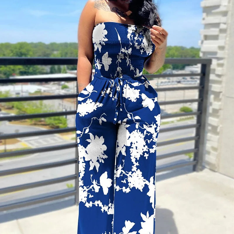 Women's casual Sleeveless Tight Polka Dot Printing Jumpsuits Elegant And Fashionable Off Shoulder pleated Long pants Rompers