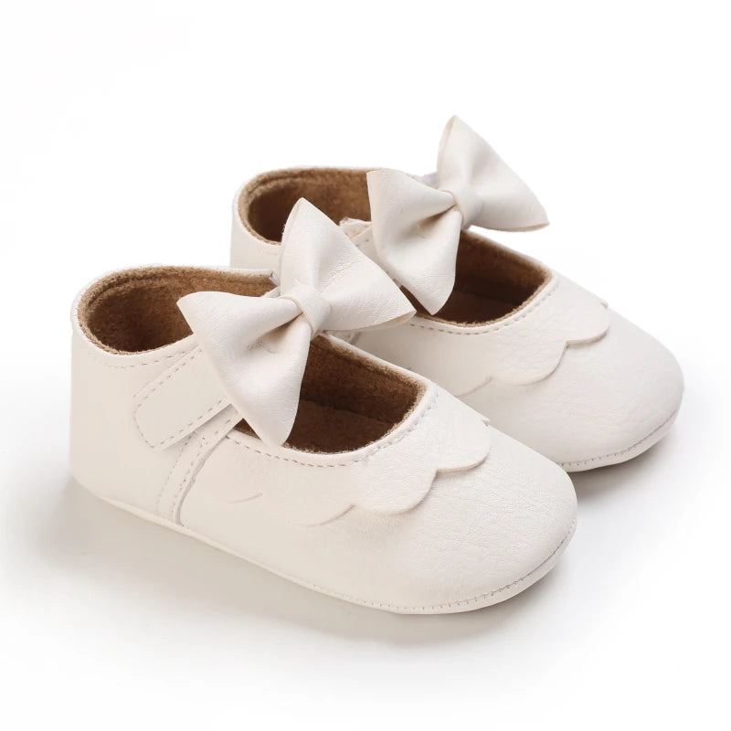 Newborn Princess Shoes Soft Leather Anti Slip Rubber Sole Baby Shoes White Girls Shoes