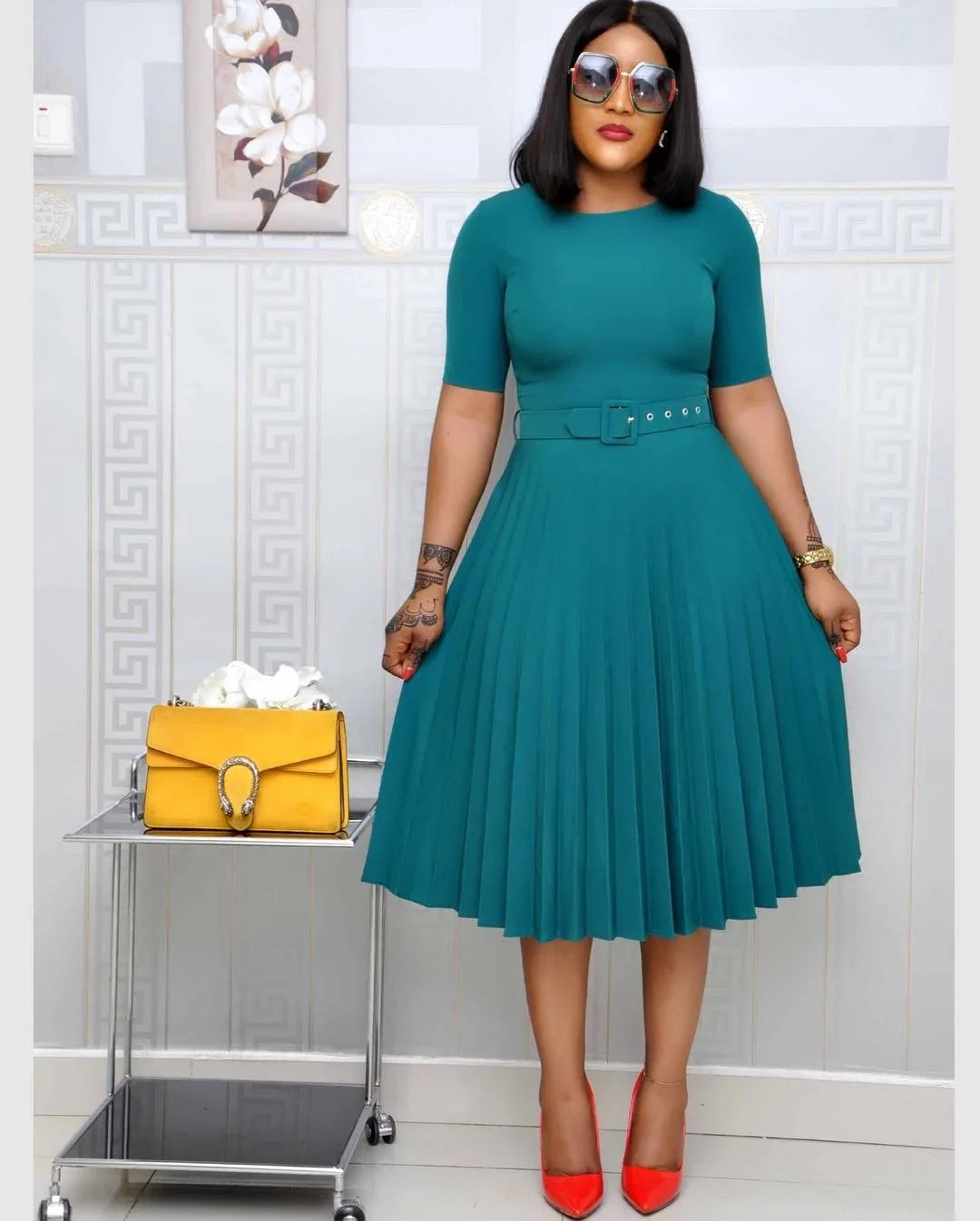 women's Elegant fashion short sleeve pleated high waist Dress for women