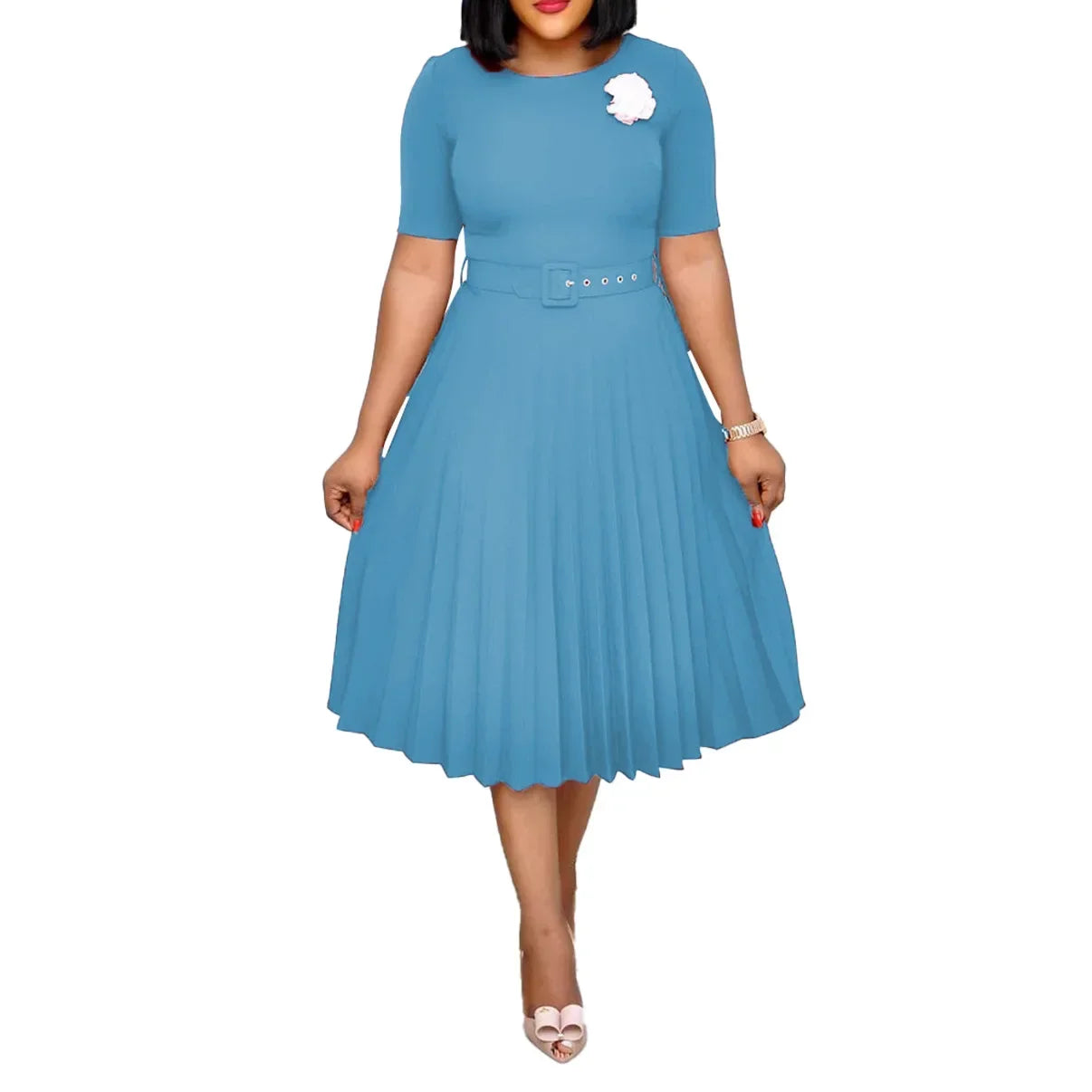 women's Elegant fashion short sleeve pleated high waist Dress for women