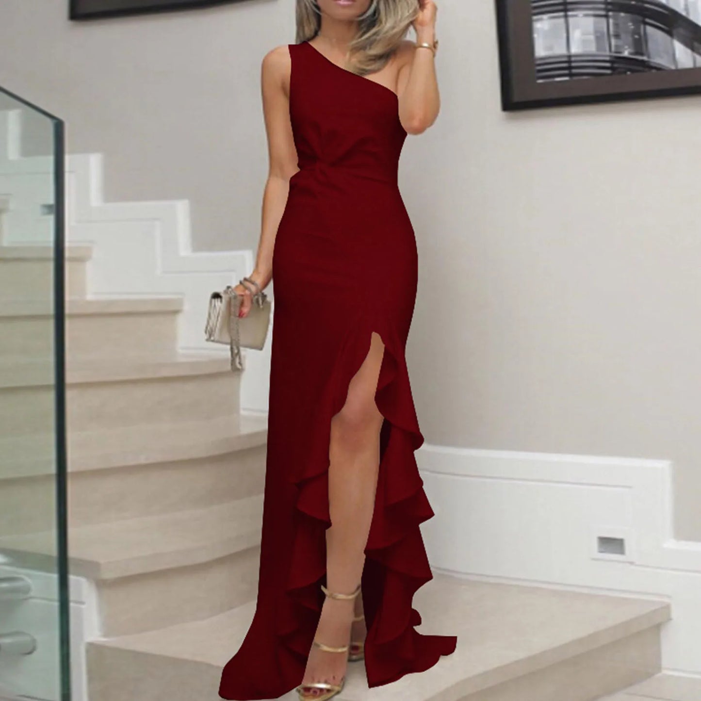 2024 New Women's White Graduation Prom Dress Sexy Irregular Ruffles Slit Long Party Dresses Ladies Sleeveless Evening Midi Robes
