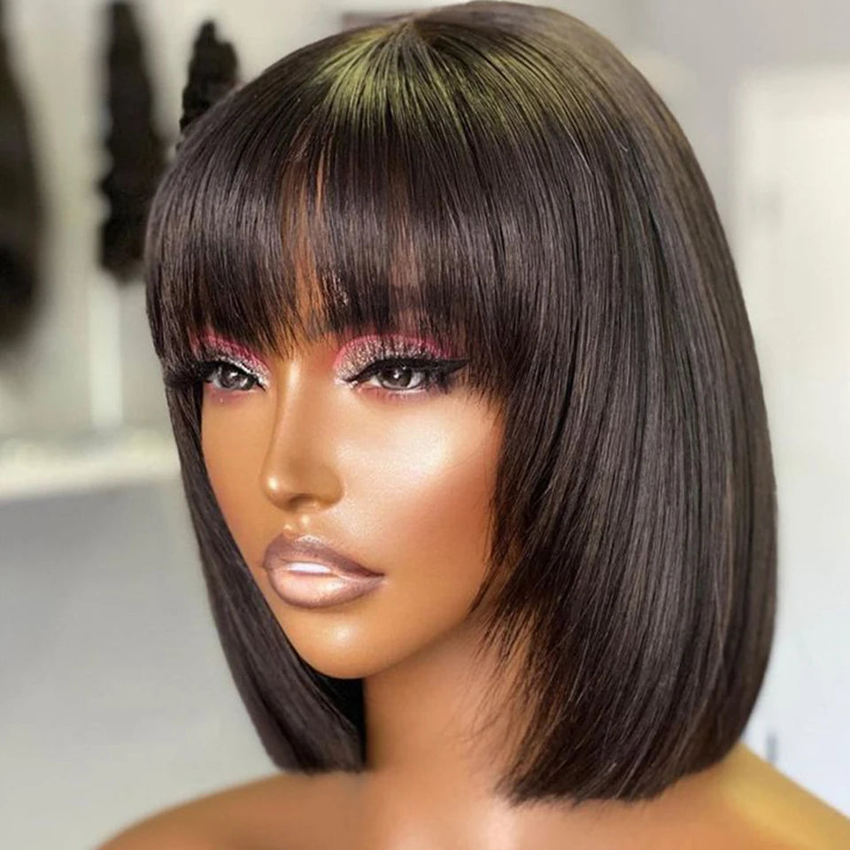 Brazilian 99J Red Short Bob Human Hair Wig With Fringe For Women Straight Remy Hair Bob Wigs With Bangs Ginger Orange Color