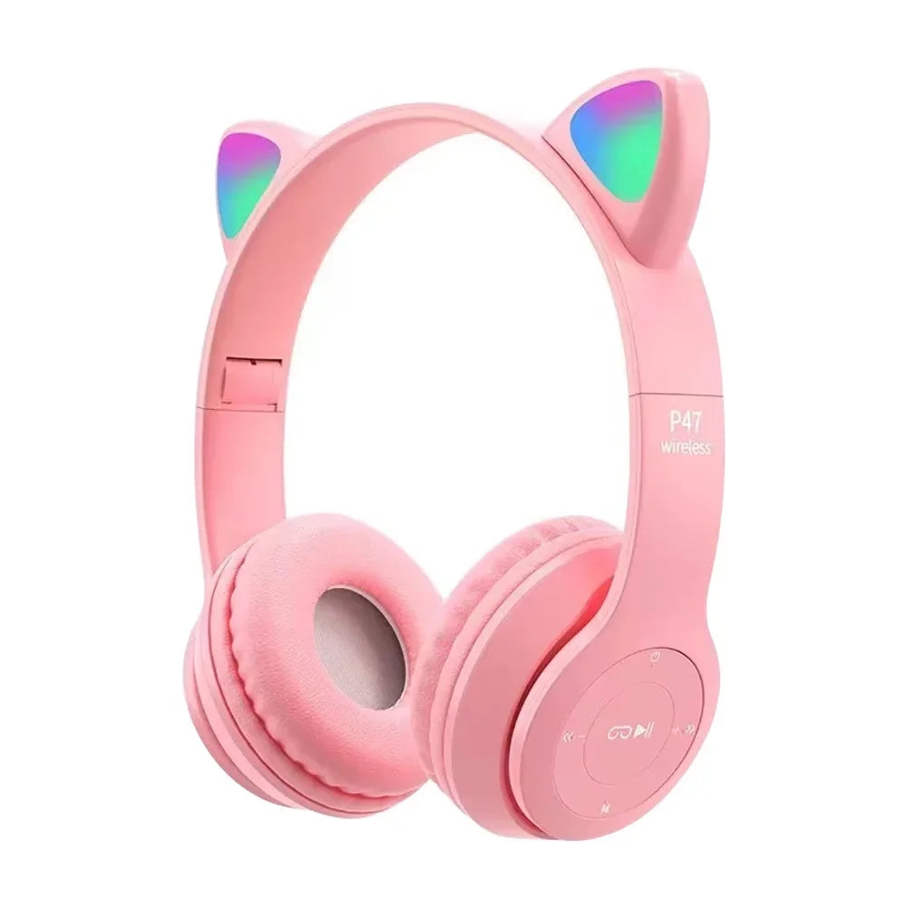 Kids Headphones,Cute Cat Ear LED Light up Bluetooth 5.0 Compatible Headset with Led Wireless Headset Stereo Folding Sports Headset with Microphone
