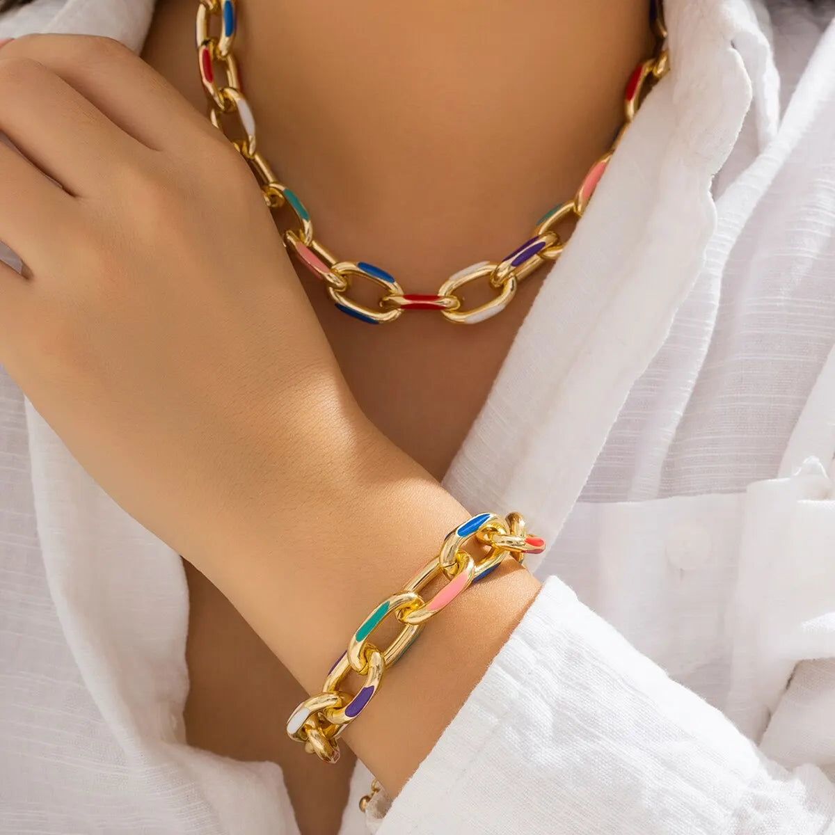 Bohemian Colorful Necklaces Bracelet Set punk Gold chain Choker Necklace Jewelry for Women