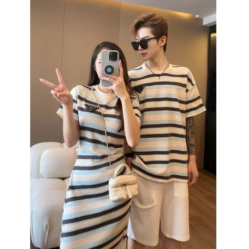 Dad MomClothes Mother Daughter Equal Dresses Father and Son Clothing Korean Children Outfits Top and Baby Matching Striped