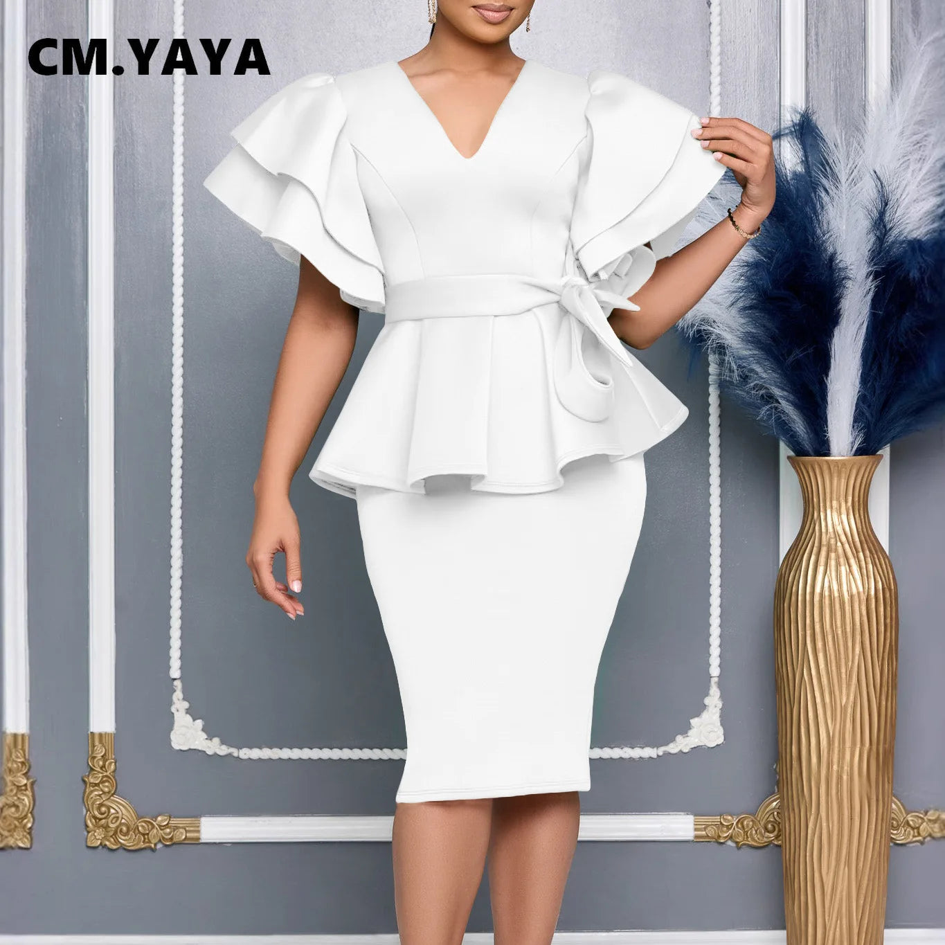 Women Short Sleeve V-neck Belt High Waist Midi Dress For Work Evening Dresses