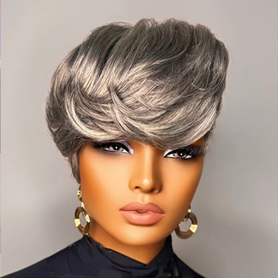 Silvery Gray Pixie Cut Wig 100% Human Hair Wig for Women Virgin Remy Human Hair Wig