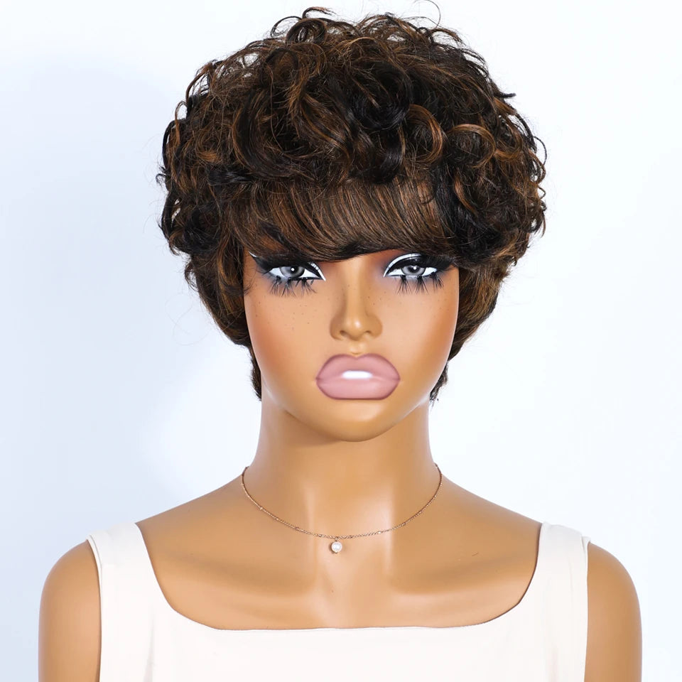 Natural Black Short Pixie Cut Curly 100% Human Hair Wig For Women Brazilian Remy Hair Colored Side Part Full Machine Wigs