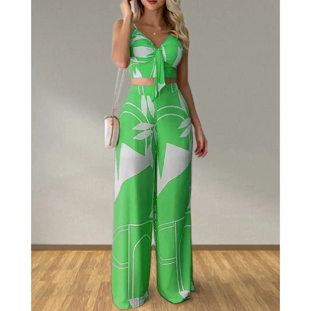 Women Tropical Print Spaghetti Strap Casual Lace up Back Top &High Waist Pants Set 2 Pieces Sets
