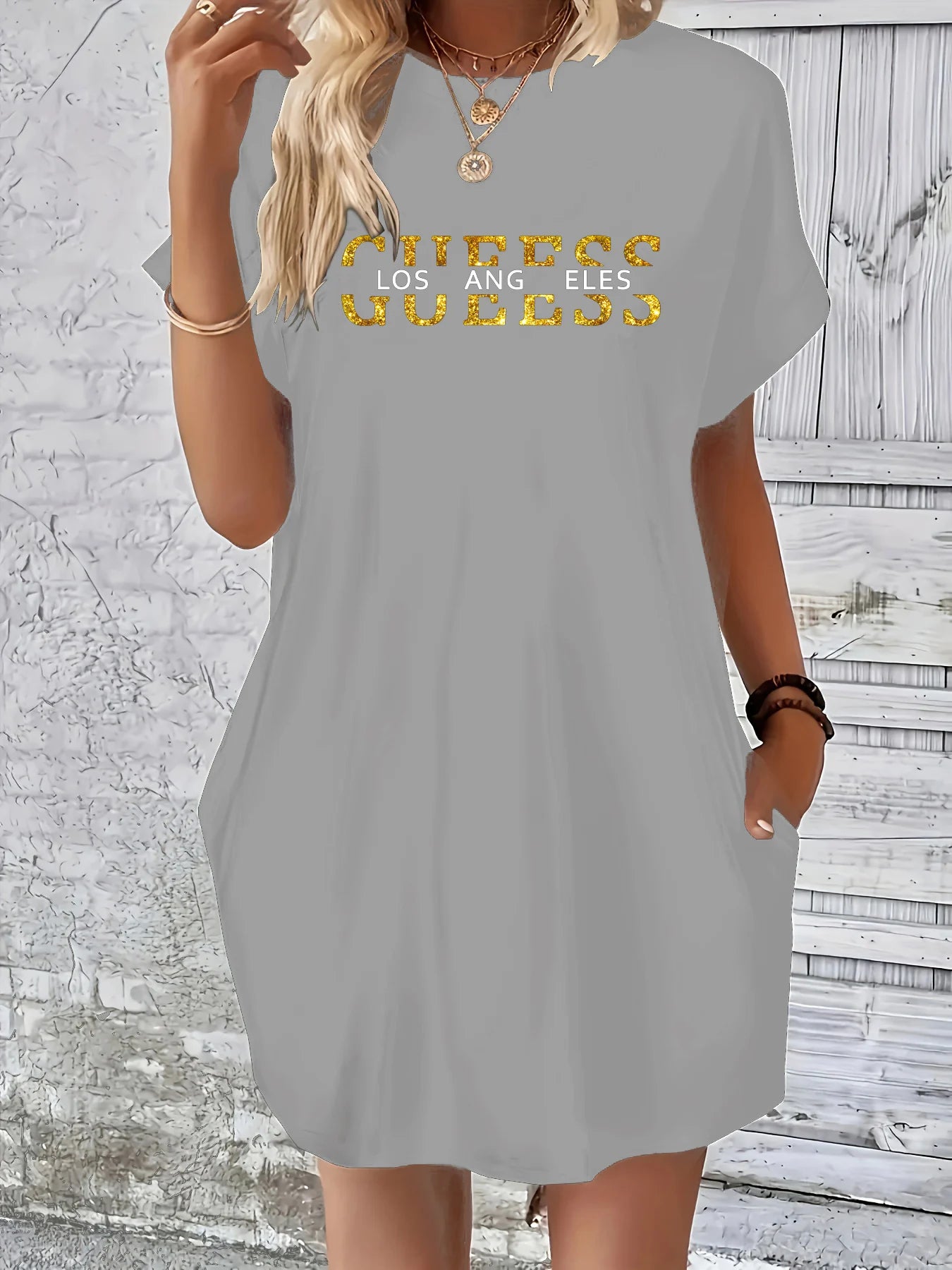 Women summer letter pattern print round neck short sleeved With pocket comfortable casual dress