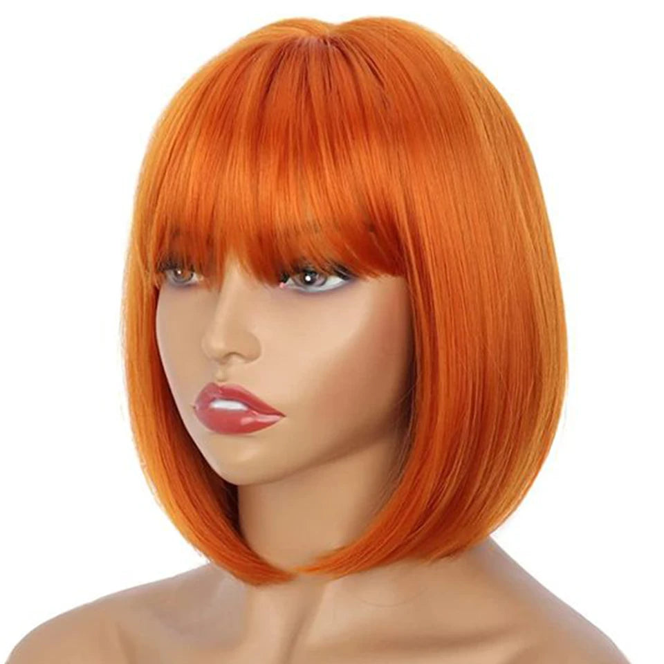 Brazilian 99J Red Short Bob Human Hair Wig With Fringe For Women Straight Remy Hair Bob Wigs With Bangs Ginger Orange Color