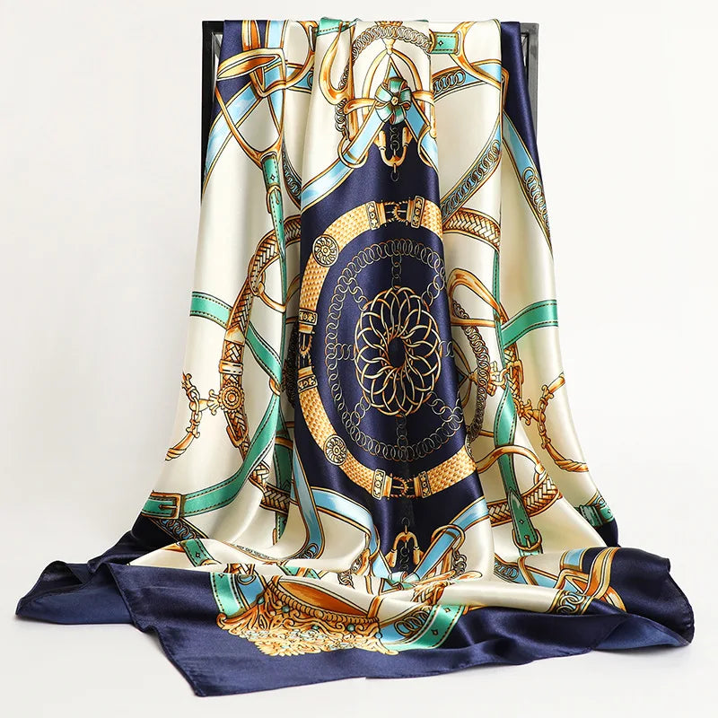 Large Hijab Scarves For Women Fashion Print Silk Satin Scarf 90cmx90cm Luxury Brand Square Shawls Head Scarfs For Ladies