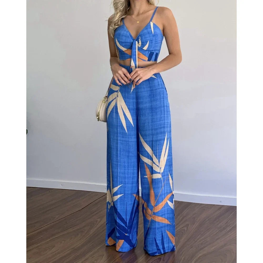 Women Tropical Print Spaghetti Strap Casual Lace up Back Top &High Waist Pants Set 2 Pieces Sets