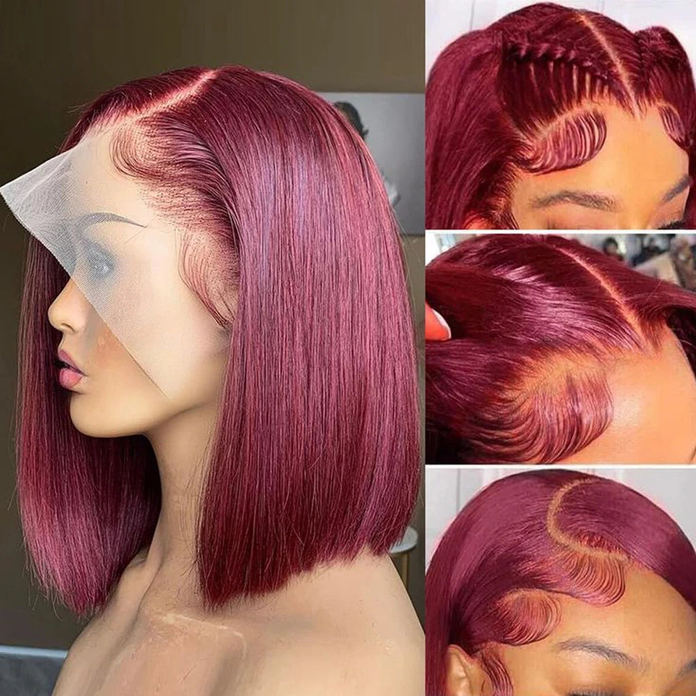 Hair 13*4 Straight Bob Wigs 100% Human Hair 99J Burgundy Color Glueless Bob Wig Bob Wig Brazilian Straight Lace Front Human Hair