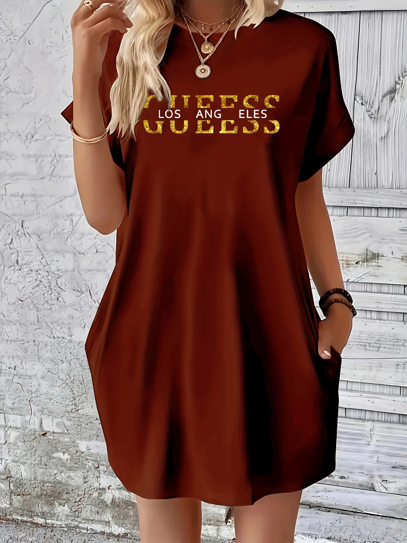 Women summer letter pattern print round neck short sleeved With pocket comfortable casual dress