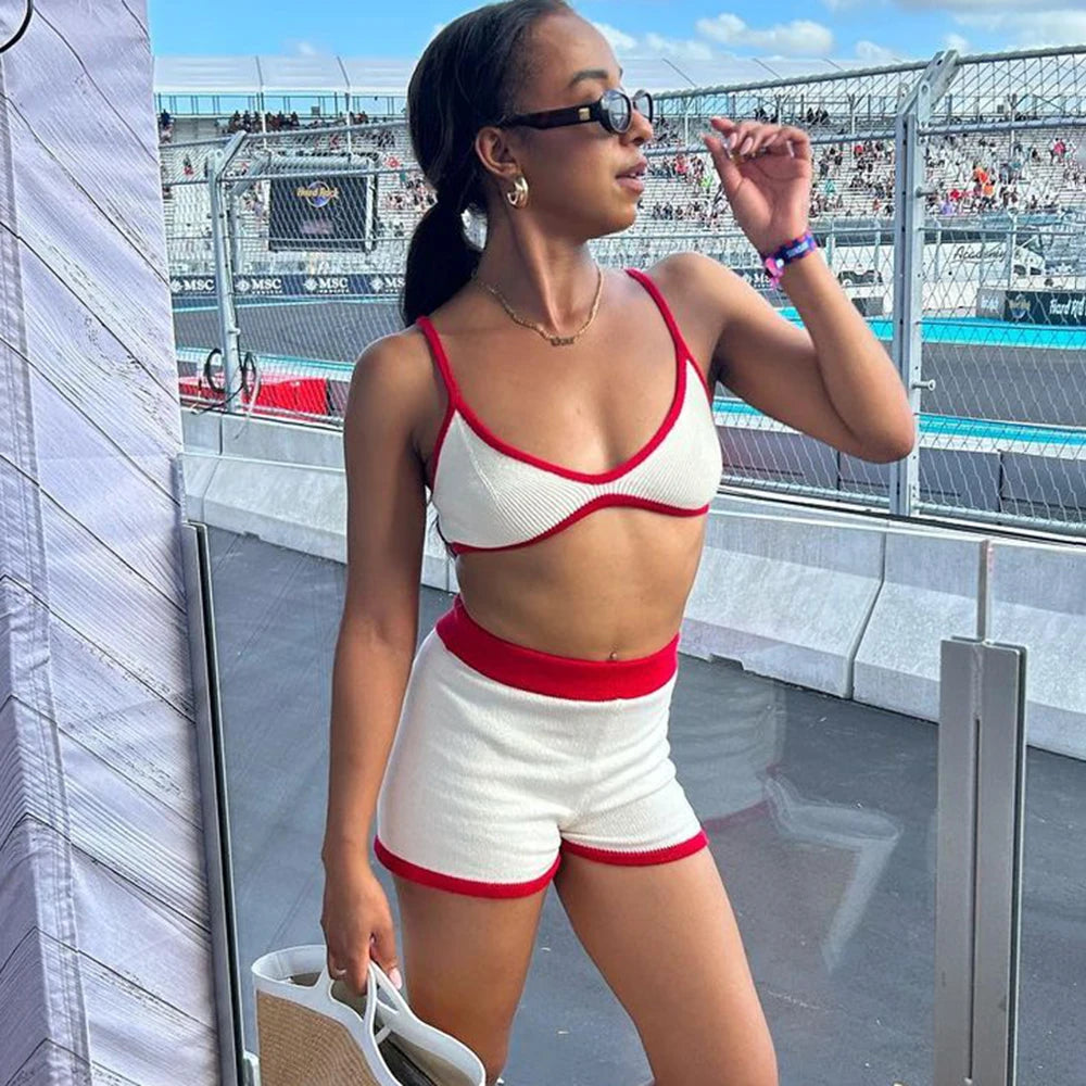 Summer Shorts Two-Piece Set Women's Sexy Beach Vacation Sling Top Knitted Shorts Set Girls Short Sets