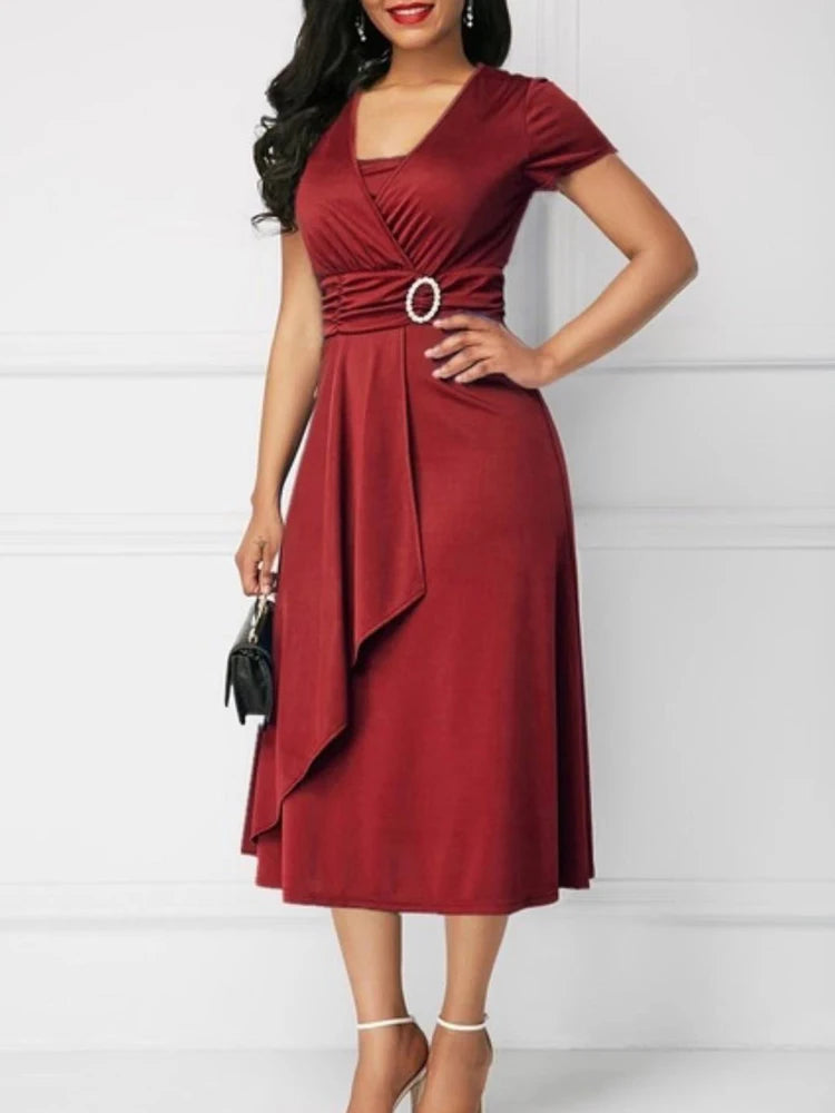 Women Elegant Dress Solid Color Short Sleeve V Neck Midi Dresses