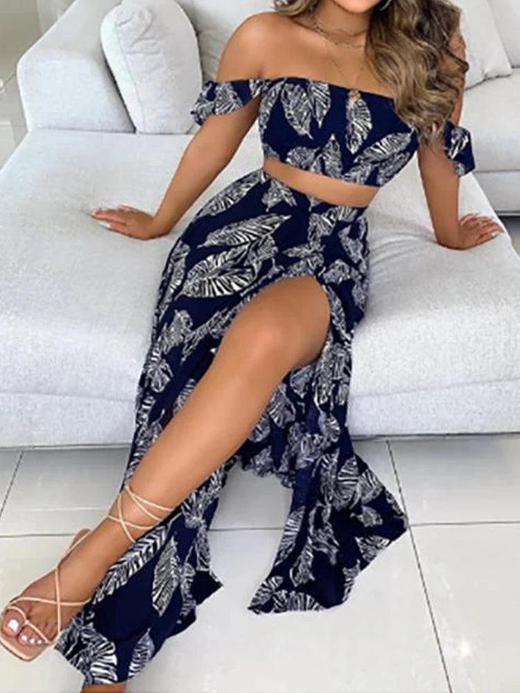 Summer Fashion Sets For Women 2 Pieces Solid Pleated Tops & Floral Print High Waist Midi Skirt Chic Lady Long Skirts Set
