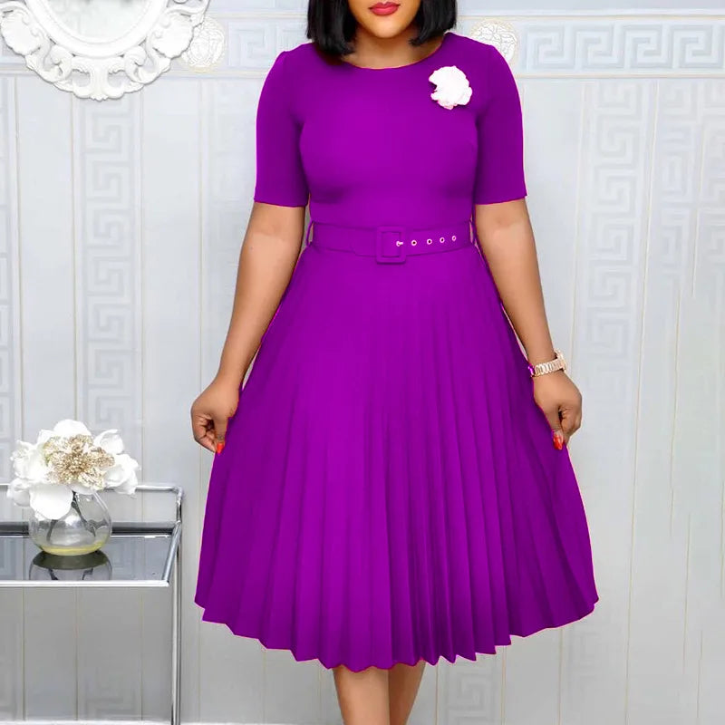 women's Elegant fashion short sleeve pleated high waist Dress for women