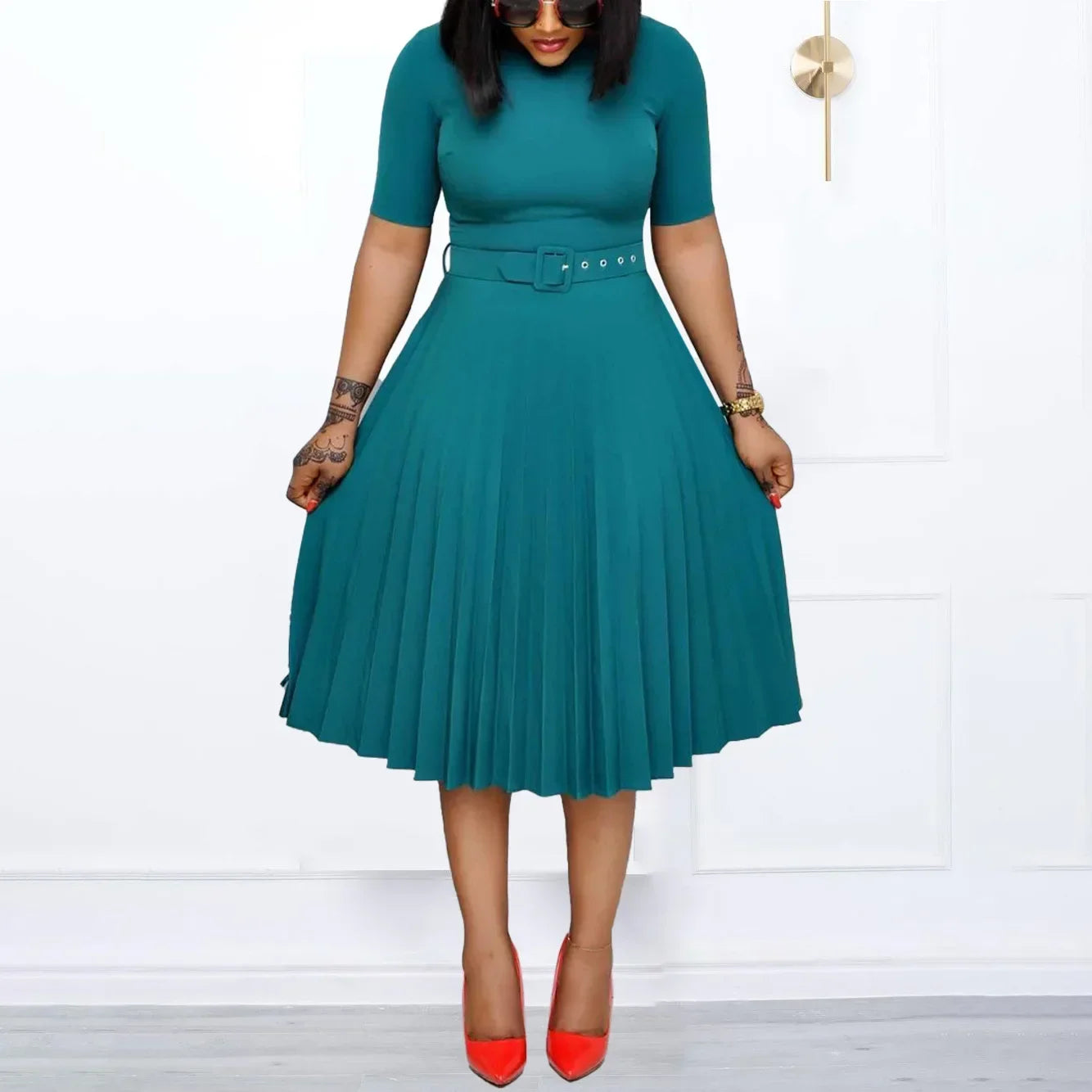 women's Elegant fashion short sleeve pleated high waist Dress for women