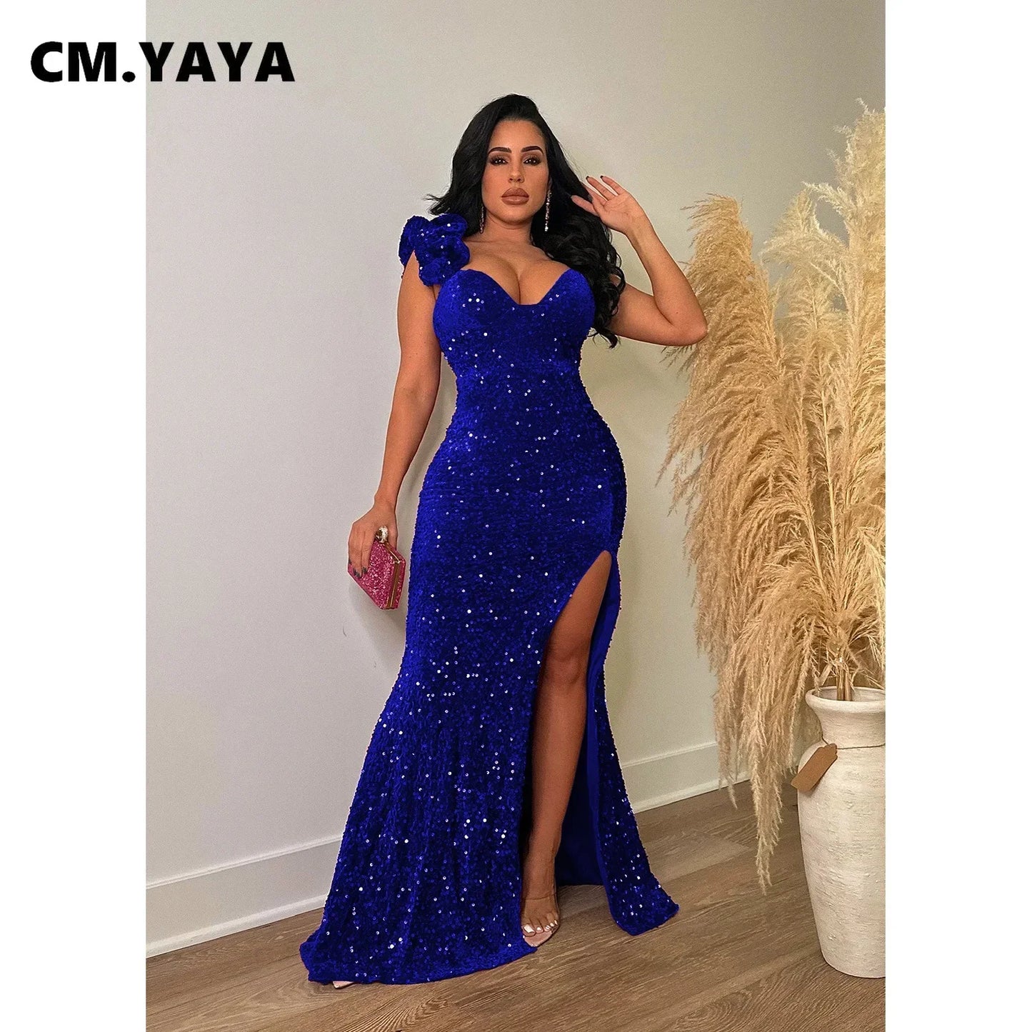 Women One Shoulder Open Back Sequined High Side Split Mermaid Maxi Dress for Evening Party Dresses