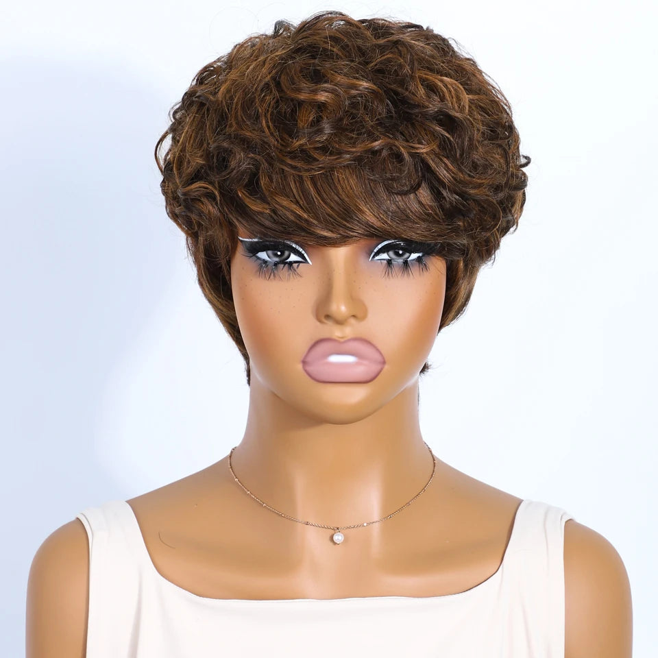 Natural Black Short Pixie Cut Curly 100% Human Hair Wig For Women Brazilian Remy Hair Colored Side Part Full Machine Wigs