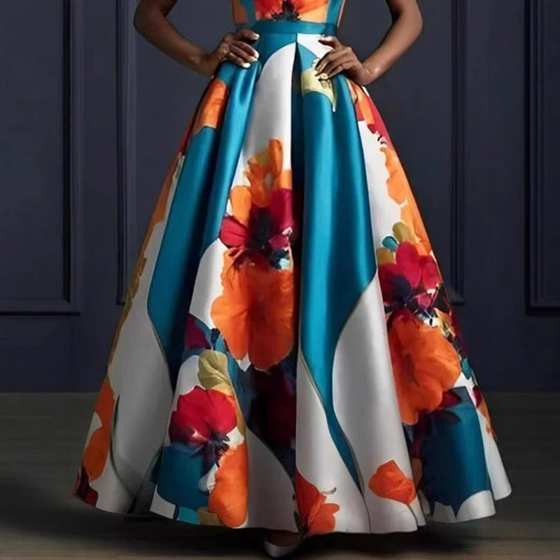 Vestidos Sexy Sleeveless Hem Gowns Evening Dress Woman Flower Print High Waist Long Dress Spring Summer O Neck Boho Maxi Dresses