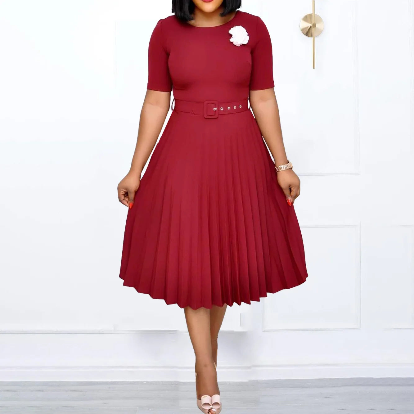 women's Elegant fashion short sleeve pleated high waist Dress for women