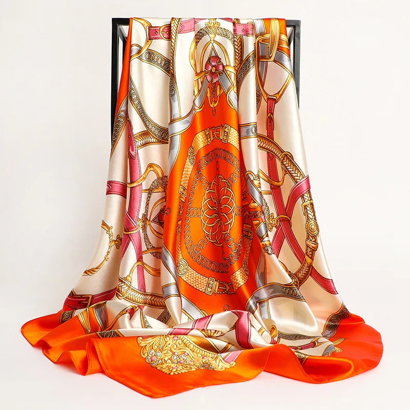 Large Hijab Scarves For Women Fashion Print Silk Satin Scarf 90cmx90cm Luxury Brand Square Shawls Head Scarfs For Ladies