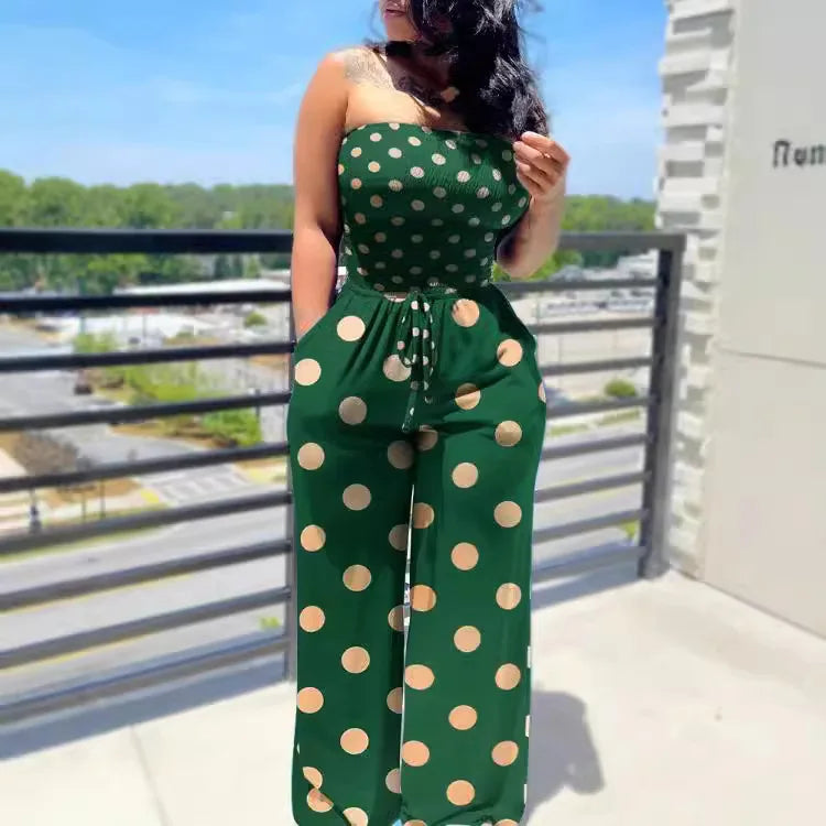 Women's casual Sleeveless Tight Polka Dot Printing Jumpsuits Elegant And Fashionable Off Shoulder pleated Long pants Rompers