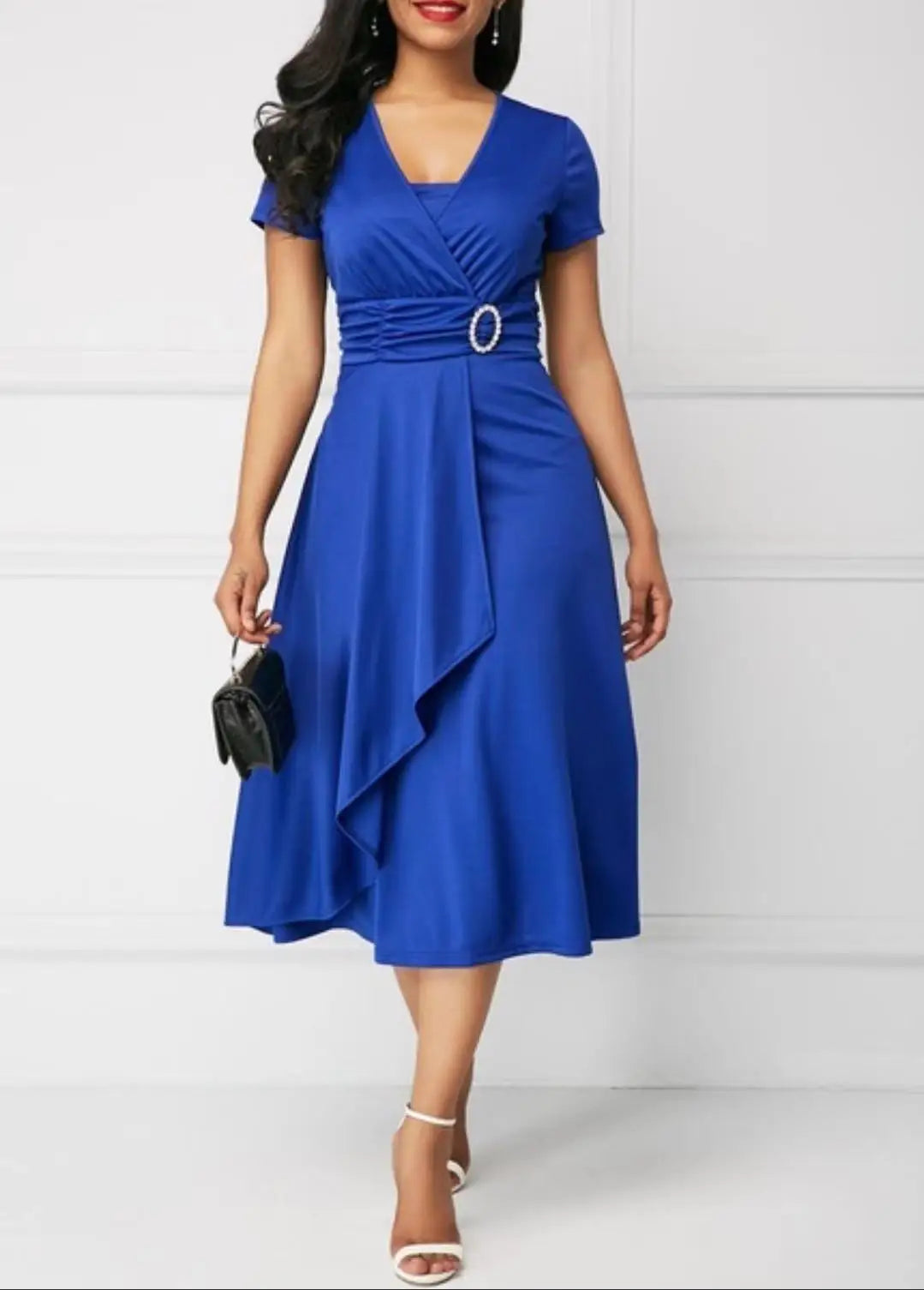 Women Elegant Dress Solid Color Short Sleeve V Neck Midi Dresses
